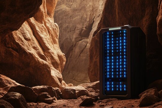 A futuristic server rack sits in a rocky, canyon-like environment, suggesting a remote or hidden data center.