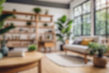 Blurred view of modern living room with sofa and soft bench. room interior with couch, armchair and coffee table or shelving units. stylish living room. comfortable workplace near big window.