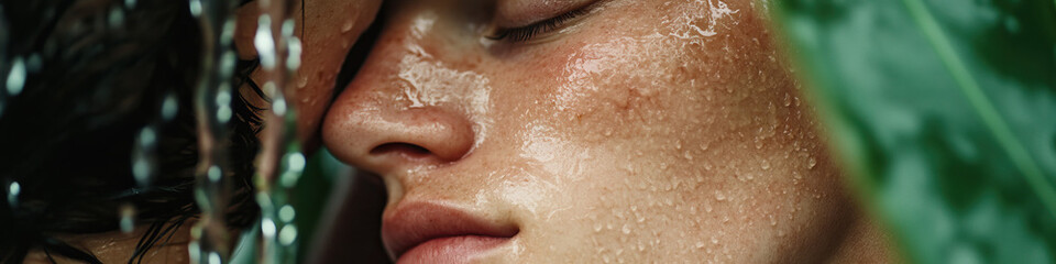 Fototapeta premium Close-up of Two Wet Faces with Foliage
