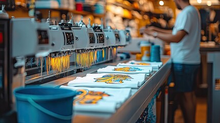 Industrial Embroidery Machines Producing Colorful Shirts
