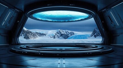 Ice melting climate change idea. Futuristic interior view showcasing a breathtaking icy landscape through a space window.