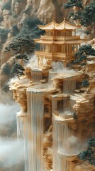 traditional suspended mountain building landscape poster background