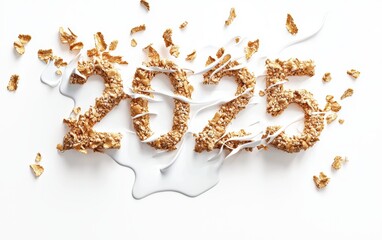 2025 Created from Crunchy Cereal Pieces and Milk Splashes Isolated on a White Background