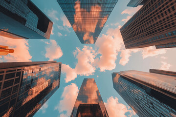 A city skyline with four tall buildings and a cloudy sky