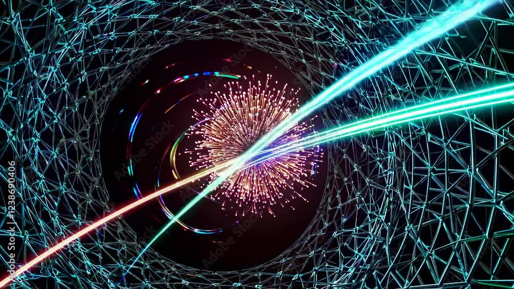 Poster exploring the vibrant collision of particles in a futuristic, abstract visualization of physics conc