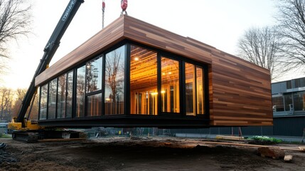 A sleek, modern house suspended above the ground by a crane, showcasing a blend of glass and wood, representing contemporary architecture in an urban environment.