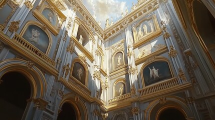 Obraz premium Grand Architectural Interior with Golden Accents and Artwork