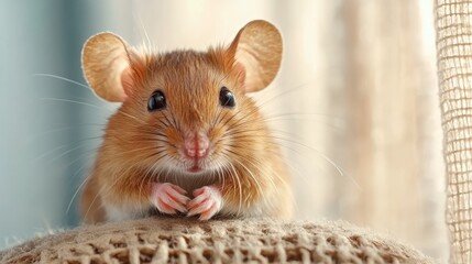 A charming brown mouse with large ears is looking curiously at the camera, caught in a moment that exudes innocence and a sense of adventure and wonder.