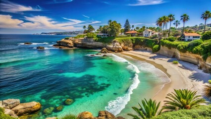 Obraz premium Sunny day at La Jolla Cove with calm turquoise water and white sandy beach amidst lush greenery, White Sand, Vacation