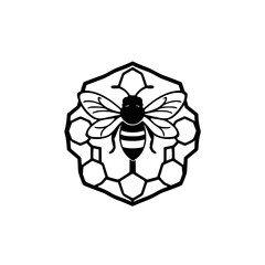 Bee on Honeycomb: A Striking Black and White Graphic Design. Perfect for logos, illustrations, and nature-themed projects.