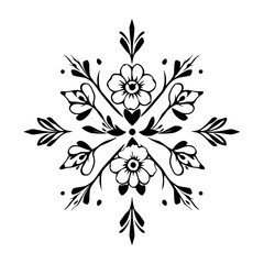 Elegant Black and White Floral Mandala: Symmetrical Botanical Illustration, Vintage Design, Decorative Flourish, Nature-Inspired Artwork