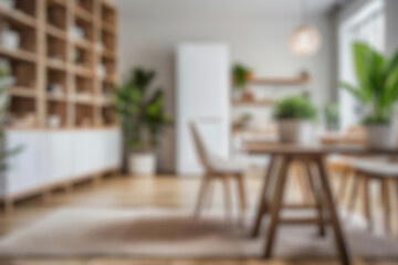 Blurred view of modern living room with sofa and soft bench. room interior with couch, armchair and coffee table or shelving units. stylish living room. comfortable workplace near big window.