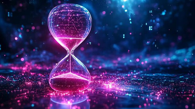 A shimmering digital hourglass floating in cyberspace.