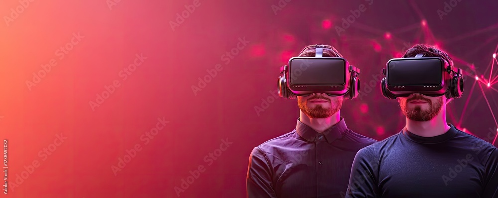 Poster networking event idea. two individuals experiencing immersive virtual reality in a futuristic settin