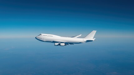 Obraz premium Cargo plane soaring through clear blue skies in wide open airspace over distant landscapes, captured from an aerial perspective during daylight hours