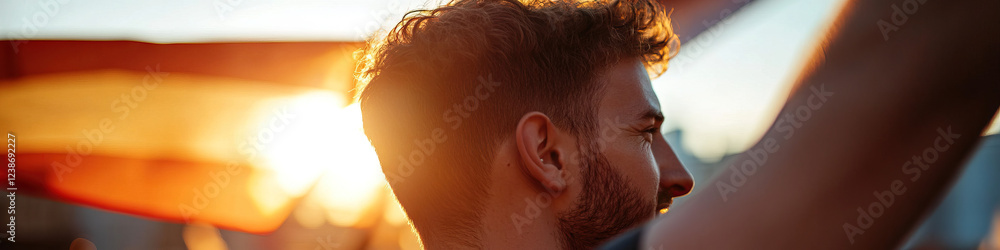 Poster man profile with partially visible orange flag at sunset