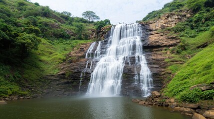 Fototapeta premium Majestic Waterfall Cascading into a Serene Pool Surrounded by Lush Greenery