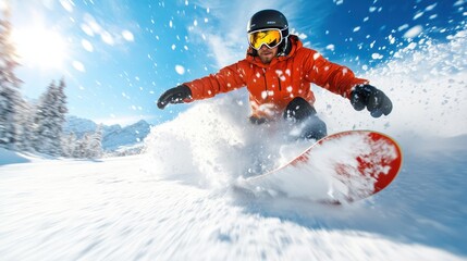 An adventurous snowboarder exhibits skill while dashing down a snowy slope, showcasing the excitement and thrill of winter sports against a majestic mountain backdrop.