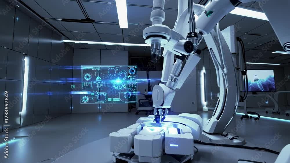 Poster high-tech laboratory showcasing advanced robotic technology and digital monitoring systems