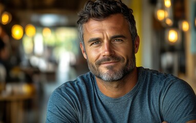 Fototapeta premium handsome man smiling with a mustache and a causal clothing