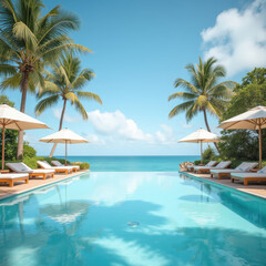 Fototapeta premium serene tropical poolside view with palm trees and ocean