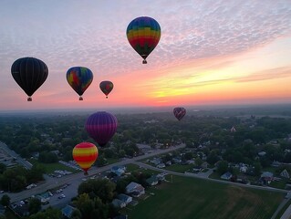 Fototapeta premium Hot air balloons at sunrise create a beautiful and colorful morning landscape