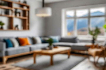 Blurred view of modern living room with sofa and soft bench. room interior with couch, armchair and coffee table or shelving units. stylish living room. comfortable workplace near big window.
