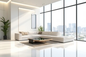 Fototapeta premium Modern and stylish living room interior featuring a white sectional sofa, glass coffee table with wooden base, potted plants, and large windows offering a beautiful city view with natural light.
