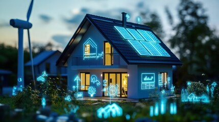 Modern smart house with green technology features like wind turbines and solar panels, highlighted by glowing icons on digital screens, creating a harmonious blend with nature.