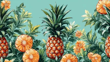 Pineapple Paradise: A vibrant tropical floral artwork featuring lush pineapples, orange flowers, and green leaves.  A perfect summer design for home decor or fashion.