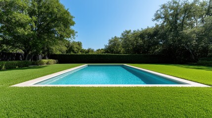 Fototapeta premium Backyard oasis featuring a modern farmstyle home with a pristine swimming pool surrounded by lush green grass and tall trees under a clear blue sky