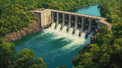 Scenic View of Dam with Water Release in Lush Green Landscape