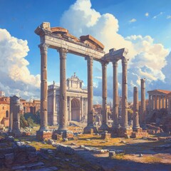 Fototapeta premium Ancient Roman Ruins with Columns under a Bright Blue Sky