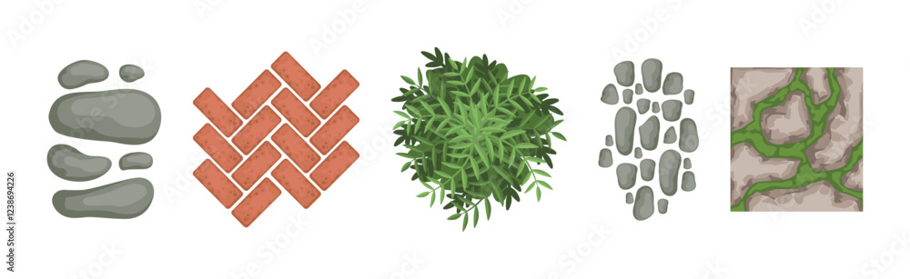 Poster landscape design and garden decorative object and element vector set