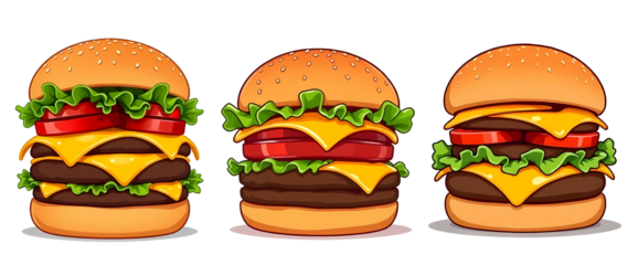 Set of different illustrations of different burgers isolated on transparent background 