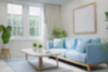 Blurred view of modern living room with sofa and soft bench. room interior with couch, armchair and coffee table or shelving units. stylish living room. comfortable workplace near big window.