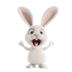 Happy white rabbit waving excitedly with big eyes and long ears on a plain background
