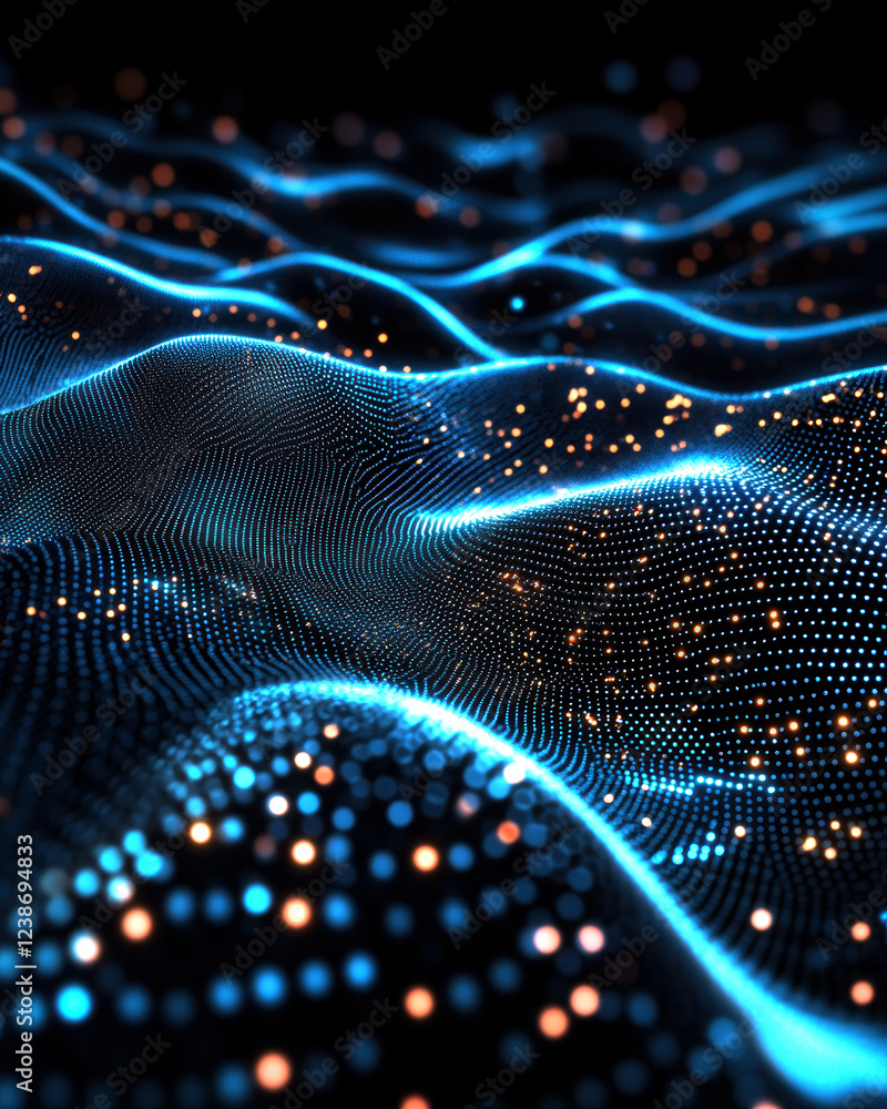 Poster an abstract visualization featuring flowing waves of luminous dots, intertwining in shades of blue a
