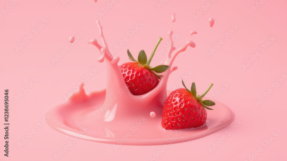 Wall mural Fresh strawberries splashing in pink liquid create vibrant scene