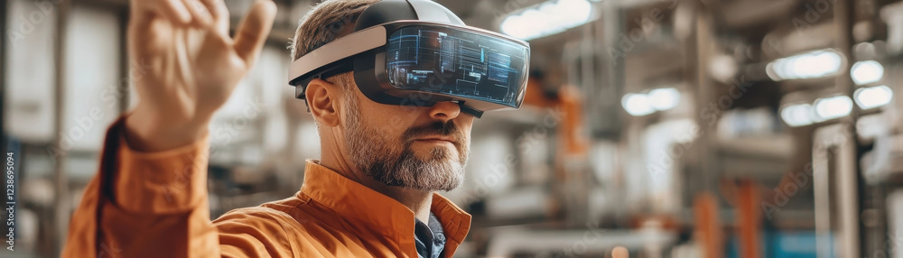 Poster modern factory worker using augmented reality technology to monitor energy usage and enhance sustain