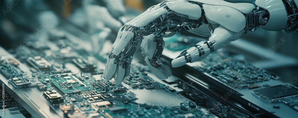 Poster robotic hands assembling electronic devices with precision in smart factory