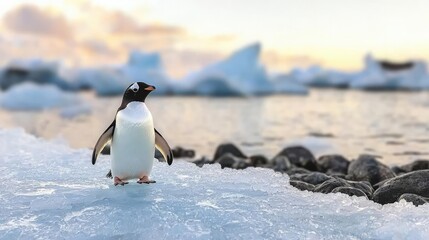 Obraz premium Ice melting climate change idea. A charming penguin standing on an icy shore with a beautiful sunset backdrop.