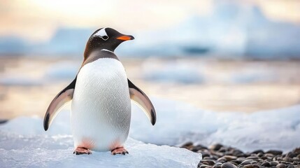 Fototapeta premium Ice melting climate change idea. A beautiful penguin standing on ice, showcasing its unique features in a serene environment.