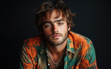 Fototapeta premium A man with a mustache and a floral shirt is smiling