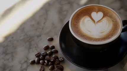 A beautifully crafted cup of coffee showcasing an intricate heart design rests next to fresh coffee beans on a sleek marble surface, illuminated by the warm glow of morning light