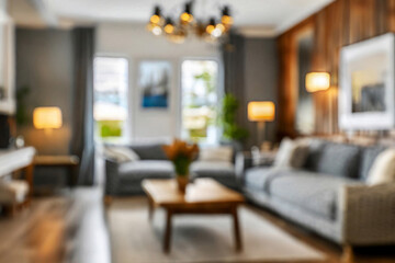 Blurred view of modern living room with sofa and soft bench. room interior with couch, armchair and coffee table or shelving units. stylish living room. comfortable workplace near big window.