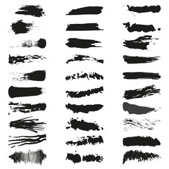 Brush strokes set. Artistic black texture. Grunge abstract style. Vector ink elements.