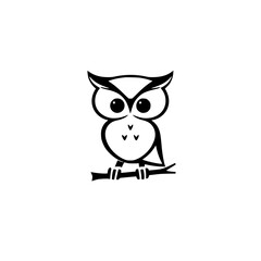 Adorable Owl Illustration: Simple Black and White Vector Graphic of a Cute Owl Perched on a Branch