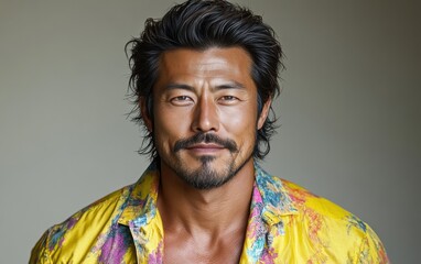 A man with a mustache and a floral shirt is smiling