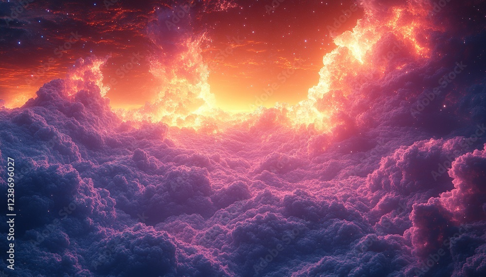 Poster sky with large clouds and orange light on horizon. for use as abstract backdrop